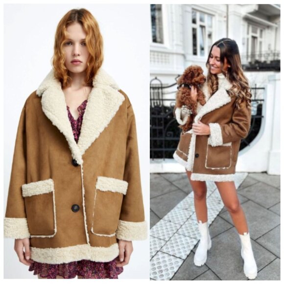 Zara Double Faced Coat Boxy Patch Pockets Faux Sherpa Faux Suede Brown S - Picture 1 of 16